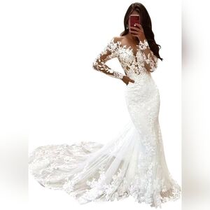 Elegant Lavetir White Lace Sheer Long-Sleeve Bridal Gown With Train